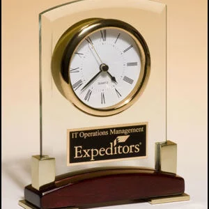 BC872 Arched-look Glass Desktop Clock w/ Rosewood & Gold Base